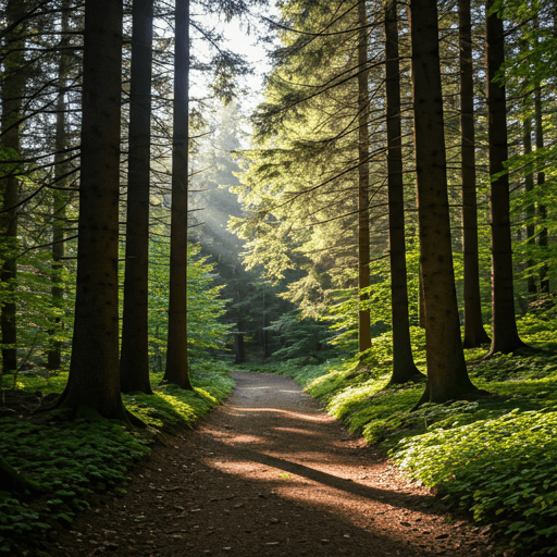 Forest trail with sunlight filtering through trees