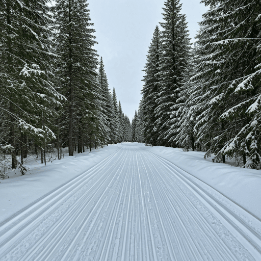 Snowmobile trail in winter forest