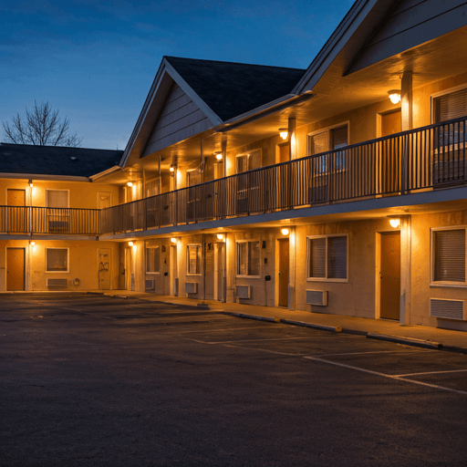 Scenic view of a motel exterior at dusk with warm lights